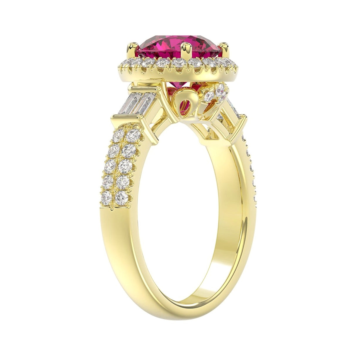 14K Yellow Gold 2 1/2Ct Round/Baguette Lab-Grown Diamond Ladies Ring - View 3 | Diavlia