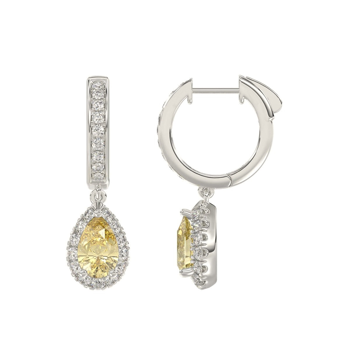 14K White Gold 2 3/4Ct Round/Yellow Pear Lab-Grown Diamond Ladies Hoop Earrings - View 2 | Diavlia
