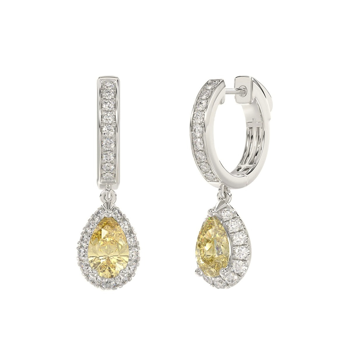 14K White Gold 2 3/4Ct Round/Yellow Pear Lab-Grown Diamond Ladies Hoop Earrings - View 3 | Diavlia