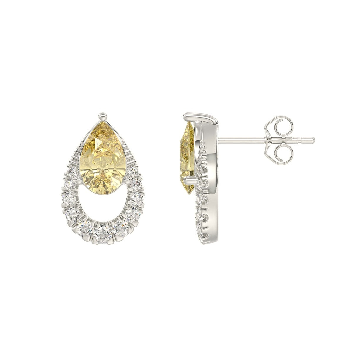 14K White Gold 2 1/2Ct Round/Yellow Pear Lab-Grown Diamond Ladies Earrings - View 2 | Diavlia