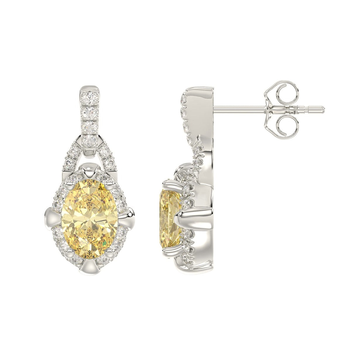 14K White Gold 2 1/3Ct Round/Yellow Oval Lab-Grown Diamond Ladies Earrings - View 2 | Diavlia