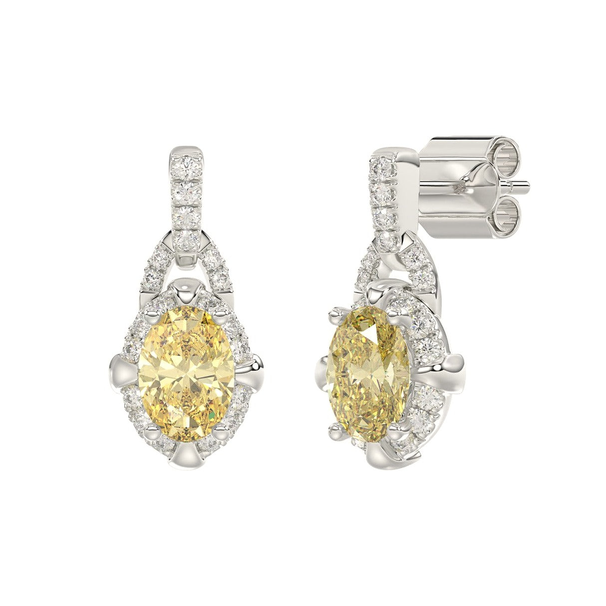 14K White Gold 2 1/3Ct Round/Yellow Oval Lab-Grown Diamond Ladies Earrings - View 3 | Diavlia